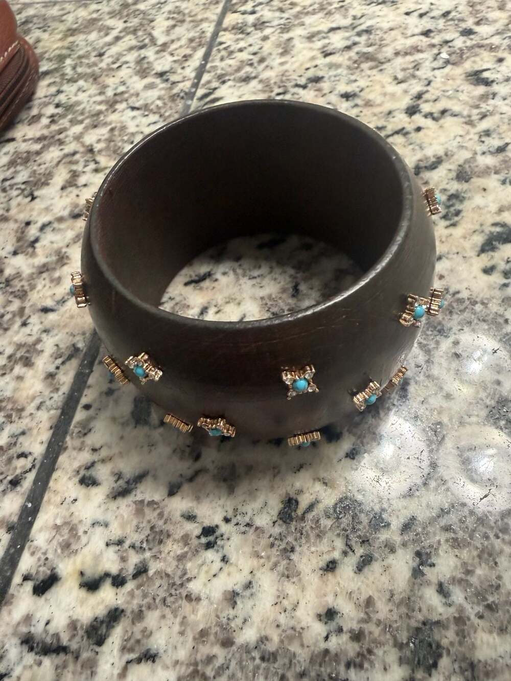 Jose and Maria Barrera Wooden Bangle Bracelet with Faux Turquoise and Rhinestone